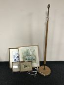 A rug, a mid twentieth century walnut standard lamp, together with four framed pictures,