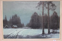 A framed Wiktor Korecki oil on canvas, depicting a winter woodland landscape scene,