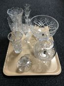 A tray containing a pair of Edinburgh Crystal champagne flutes, a cut glass flower vase,