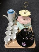 A tray containing Palissy two tier cake stand, Royal Winton three tier cake stand,