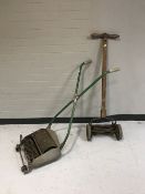 A Ransomes vintage push mower with box and one other