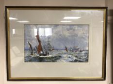 Twentieth century school : boats in choppy water, watercolour, 33 cm x 20 cm, framed.