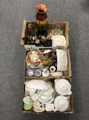 Three boxes of china, glass ware, vases,