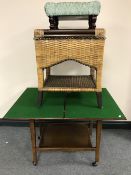 A turnover top card trolley together with a wicker side table and an upholstered foot stool