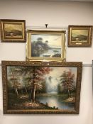 A pair of gilt framed oils on boards - highland cattle and two further framed oils