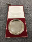 An sterling silver presentation plate in case with inscription, width 15.