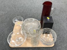 A tray of assorted glass ware including boxed Stewart Crystal vase, crystal comports, fruit bowls,
