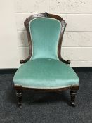 A Victorian mahogany lady's chair upholstered in a turquoise dralon fabric