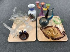 Two trays containing four pieces of art glass, two lead crystal bird ornaments, a cut glass basket,