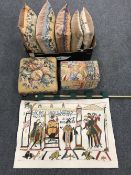 A box containing five tapestry cushions, together with a small tapestry dome topped box,