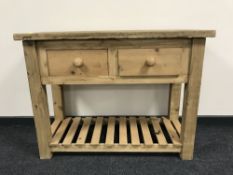 A reclaimed pine kitchen preparation table, fitted two drawers,