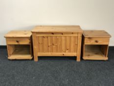 A pine blanket box, together with a pair of pine bedside stands,