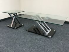 A contemporary glass topped coffee table,