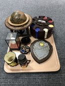 A tray of miniature globe on stand, poker chip holder and chips,