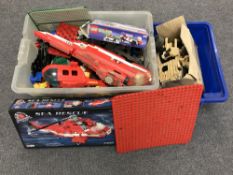 Two boxes containing assorted boxed and unboxed Lego and Mega Blocks