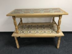 Two blonde oak tile top coffee tables