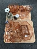 Two trays of coloured glass, china etc.