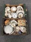Two boxes containing assorted English tea china, cottage ware tea pots, crested spoons,