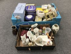 Two boxes of assorted china including Ringtons, toby jugs, vases etc,