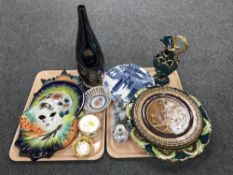 Two trays of continental wall plaque and jug, china wall masks, figures,