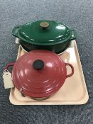 A tray containing a Le Creuset lidded cooking pot,
