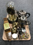 A tray of Kundo anniversary clock, two brass oil cans, miniature metal rocking horse,
