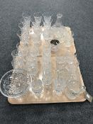 Two trays containing assorted lead crystal drinking glasses together with a lead crystal comport