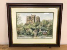 After J Harker : Durham Cathedral from the river, colour print, signed,