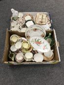 Two boxes of assorted part tea sets, teapot, asparagus jug,