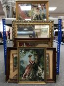 A gilt framed mirror, six framed tapestries, oriental prints,