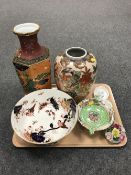 A tray containing two contemporary Oriental vases, a Coalport Hong Kong fruit bowl,