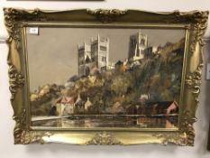 A gilt framed oil on canvas of Durham Cathedral by Harley Crossley