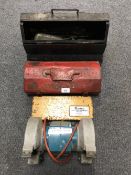 Two metal tools boxes of hand tools and a bench grinder,