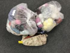 Two bags of wool and a bag of knitting needles