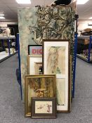 Eight assorted pictures and prints including, framed watercolours, oil on board, 'Horse and Foal',