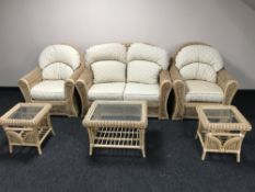 A six piece good quality bamboo and wicker conservatory suite comprising of a settee, two armchairs,