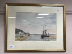 A pair of gilt framed watercolours - boats at low tide, one other by the same artist signed R. J.