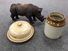 A large figure of a rhinoceros together with a stoneware pot and a cheese dish with cover