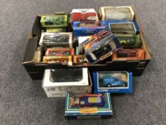 A box containing a quantity of die cast vehicles, Corgi, Matchbox,
