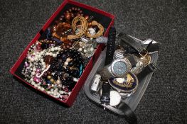 A box of costume jewellery together with a box of wrist watches - Rotary,