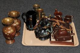 A tray containing three pairs of brass embossed vases, a Victorian tea pot and water jug,