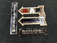 Two fairground signs - Dodgems and Waltzer and two further wooden signs - bar and man cave