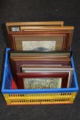 A crate containing assorted pictures and prints,