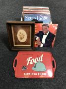A box of LP records - compilations, easy listening, together with a food tray,