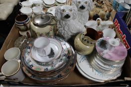 A box containing a pair of Staffordshire dogs, Devon ware jugs, late nineteenth century dinnerware,