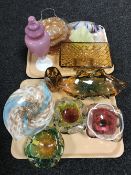 Two trays containing assorted glassware, including carnival glass dishes, a glass fish ornament,