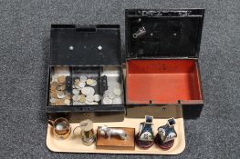 Two vintage metal cash boxes one with key, one containing a small quantity of pre decimal coinage,