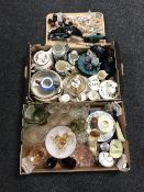Two boxes and a tray containing assorted china and glassware, including Poole dolphins, thimbles,