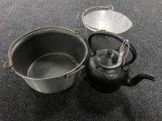 Two aluminium jam pans and a cast iron kettle