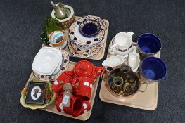 Three trays of china and decorative planters, West German pottery cups and teapot, Carlton dish,